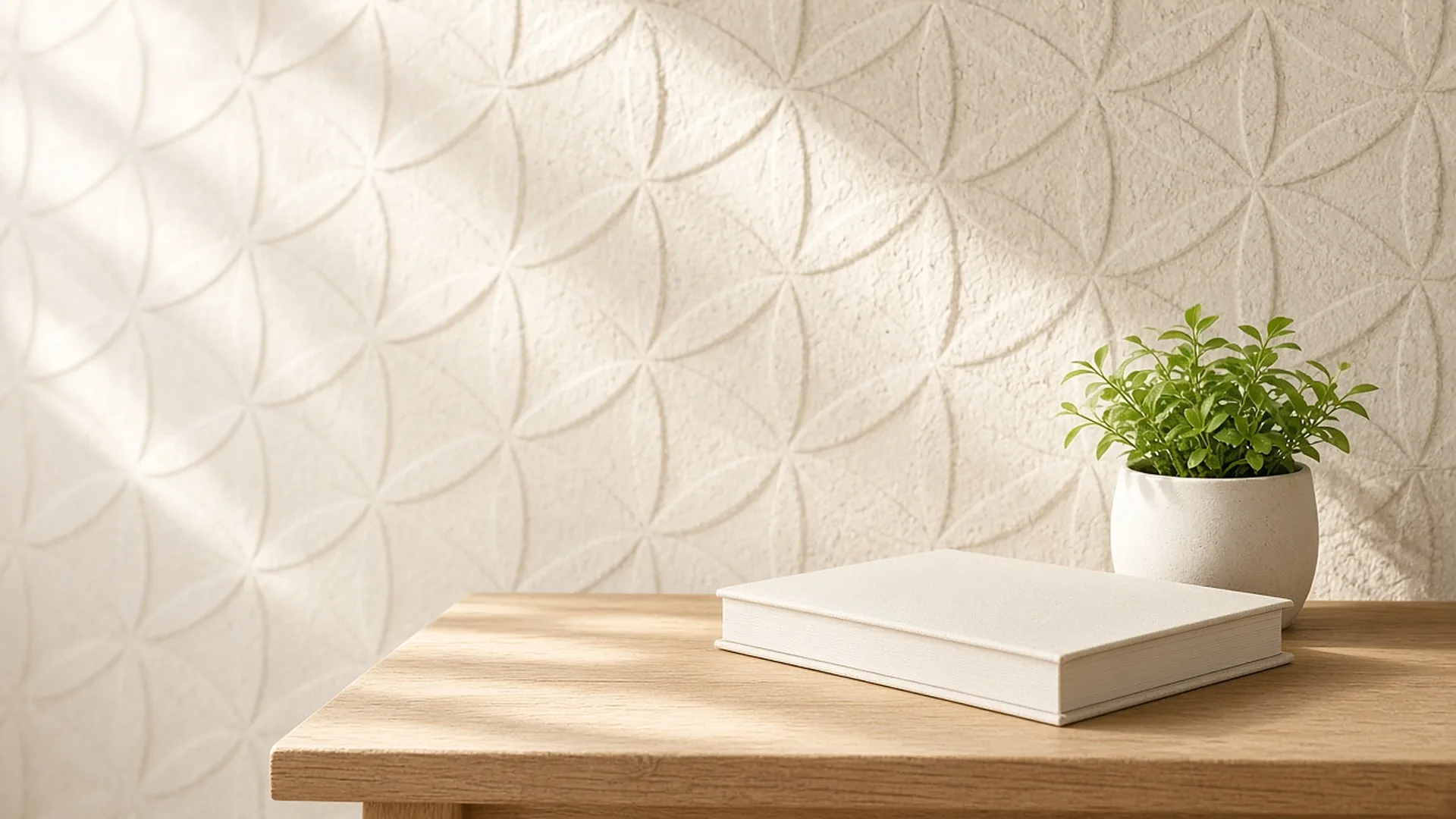 دیوار سنگی با نقش برجسته‌ی گل حیات، کتابی بسته و گیاهی روی میز چوبی