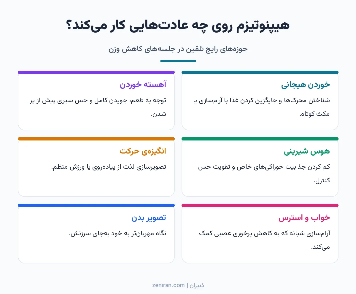 اینفوگرافیک شش حوزهی رایج تلقین در هیپنوتیزم برای کاهش وزن شامل خوردن هیجانی، آهسته خوردن، هوس شیرینی، انگیزهی حرکت، خواب و استرس و تصویر بدن