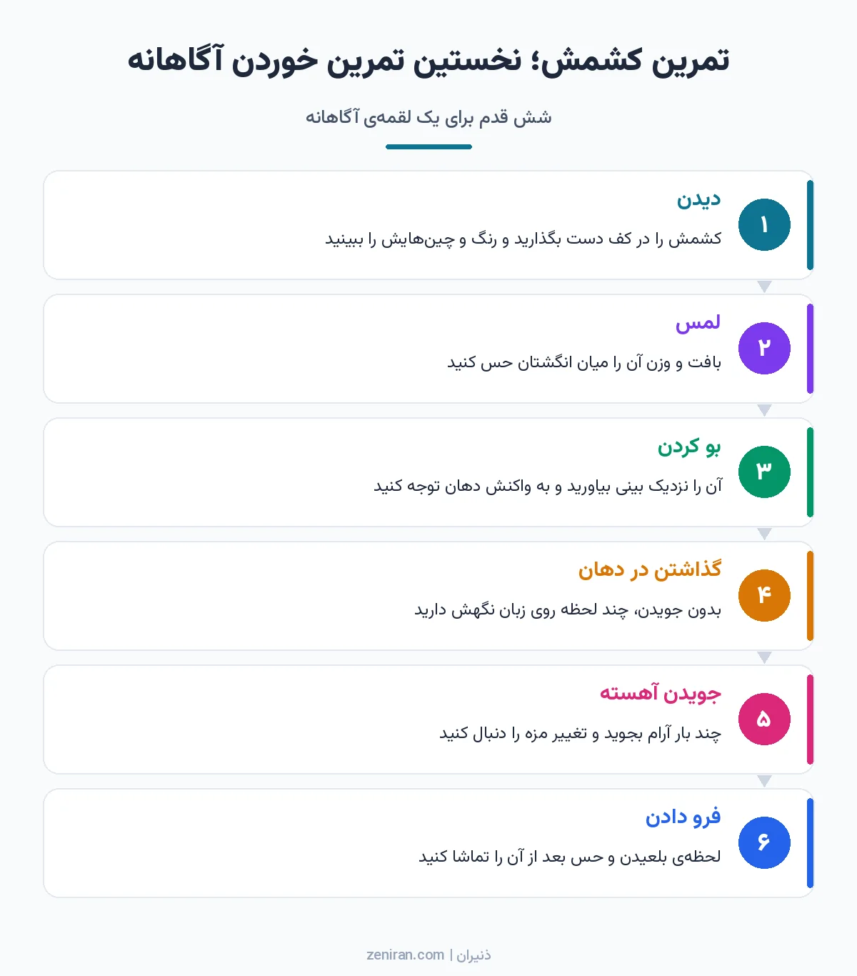 نمودار شش مرحلهای تمرین کشمش شامل دیدن، لمس، بو کردن، گذاشتن در دهان، جویدن آهسته و فرو دادن