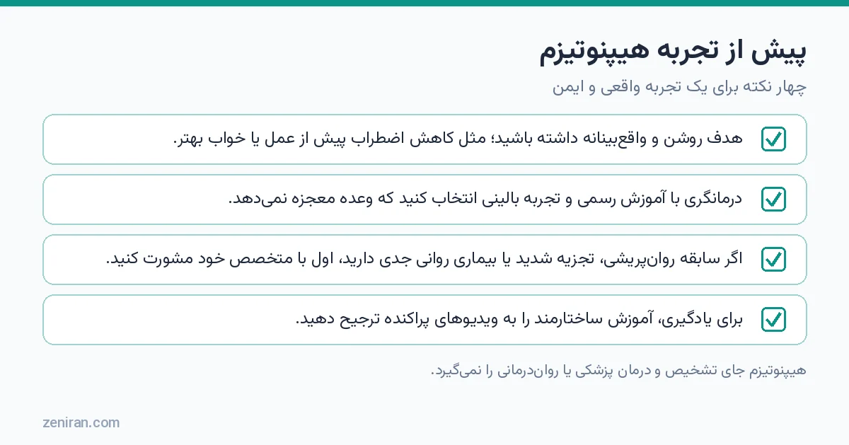 چکلیست چهار نکته برای تجربه هیپنوتیزم واقعی و ایمن: هدف روشن، درمانگر دارای صلاحیت، مشورت در بیماری روانی و یادگیری اصولی