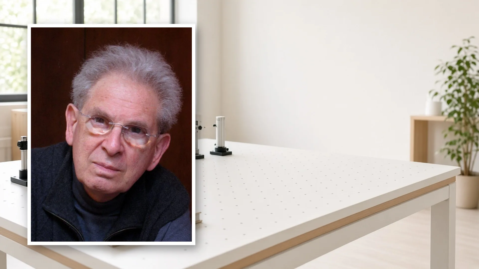میز آزمایشگاه روشن با قطعات اپتیکی لیزر و دفتر یادداشت در نور پنجره