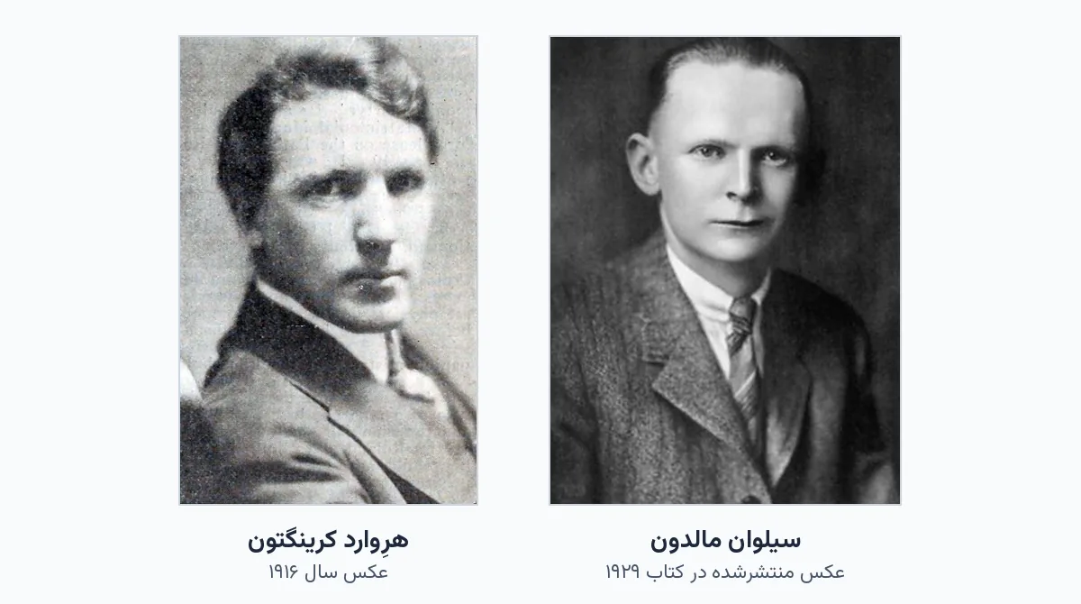 عکسهای سیاهوسفید قدیمی سیلوان مالدون با کت و کراوات و هرِوارد کرینگتون، دو نویسندهی کتاب The Projection of the Astral Body